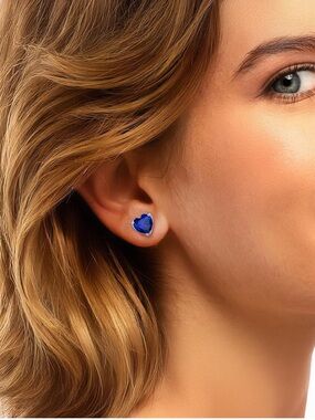 SILVERCUTE 2CT Heart Shaped Sapphire Blue Stud Earrings September Birthstone